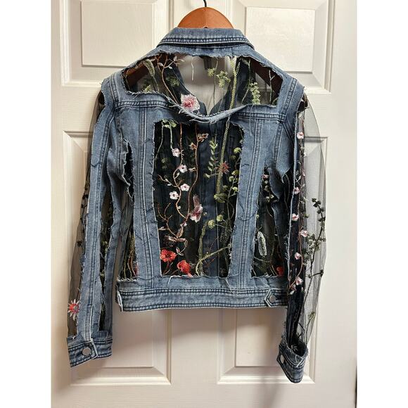 Miss Nikky Unique Mesh Sheer Floral Embroidered Distressed Denim Jacket, Size S - Picture 4 of 7